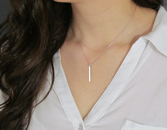 14K Gold Skinny Vertical Bar Pendant | Engravable Necklace